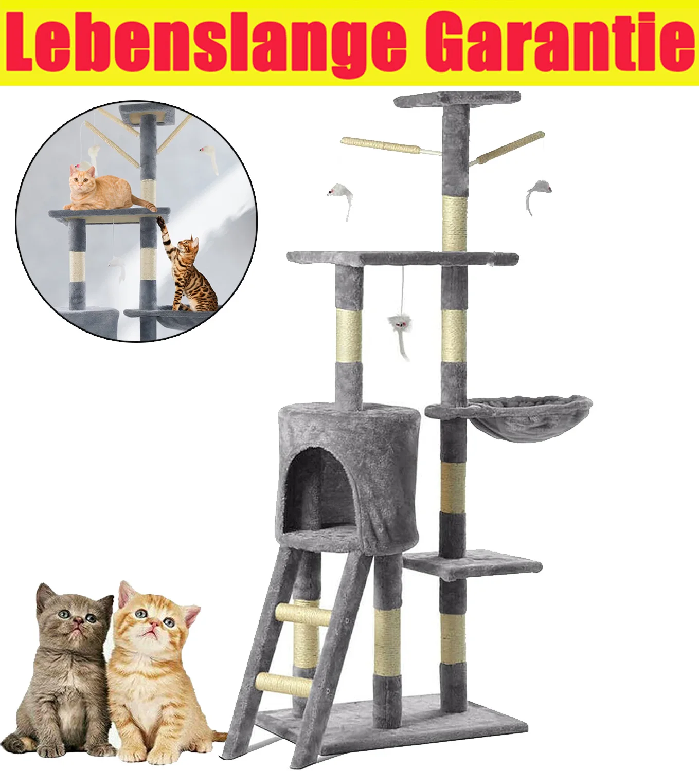 Nouvelle Tour à gratter grand format à cinq niveaux de 143 cm, arbre à gratter multi-niveaux avec appartements et échelle, centre d'activités pour chats pour le jeu et le repos