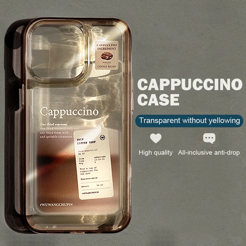 

Tanpaile【Cappuccino】Coffee Clear Soft TPU Corners Phone Case For Apple iPhone 11 12 13 14 Pro Max Plus Shockproof Cover Shell