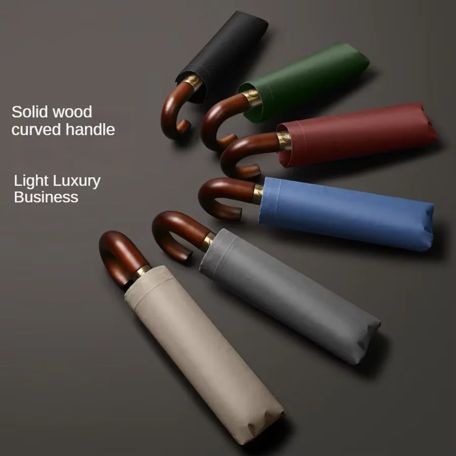 

Fully automatic wooden handle curved hook windproof sunscreen folding umbrella for men and women in sunny and rainy weather