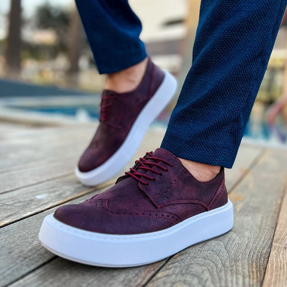 FOH Store Sneakers for Men BURGUNDY Artificial Leather 2023 Spring Autumn Casual Lace Up Fashion Shoes High Base Sport Comfortable Light Vulcanized Daily Original Canvas Odorless Orthopedic Suits Office Wedding 149