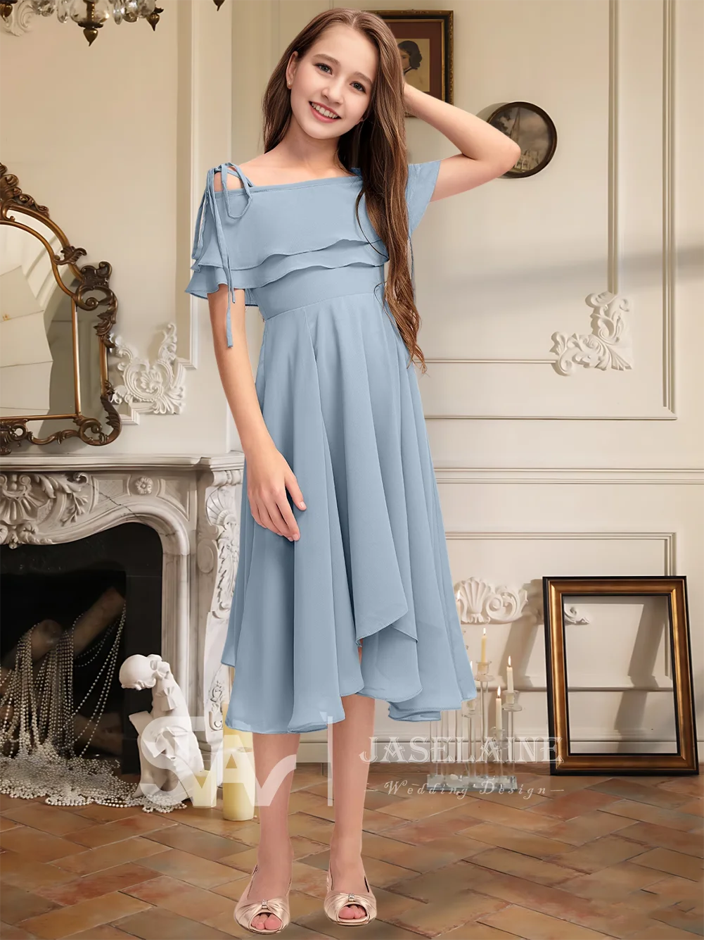 Um crianças elegante a linha fora do ombro assimétrico chiffon júnior vestido de dama de honra vestido da menina de flor meninas festa de casamento formal