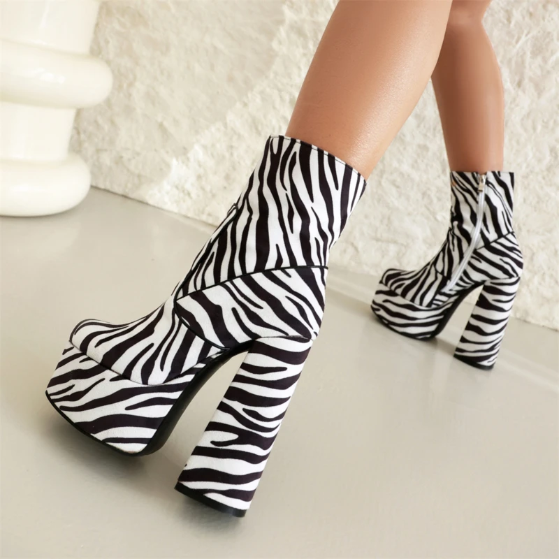 

Zebra Print Thick Bottom Fashion Ankle Boots Designer Stripe Mixed Colors Zipper High Heel Large Size Casual Women Ankle Boots