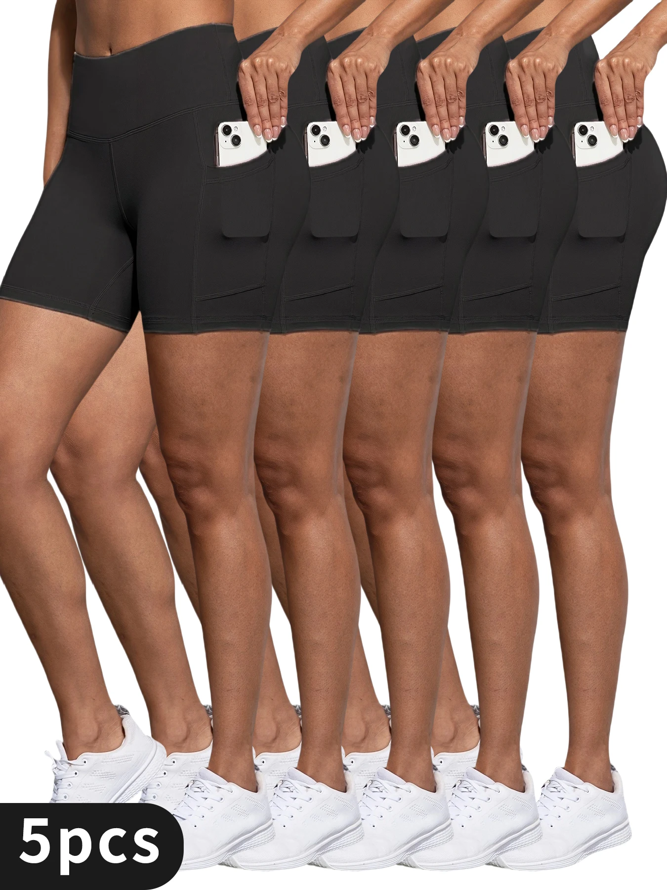 

5PC Somen's Flex High-Waisted Yoga Shorts, Pocket-Integrated,Tummy-Shaping,Butt-Lifting, and Quick-Dry for Cross-Training Shorts