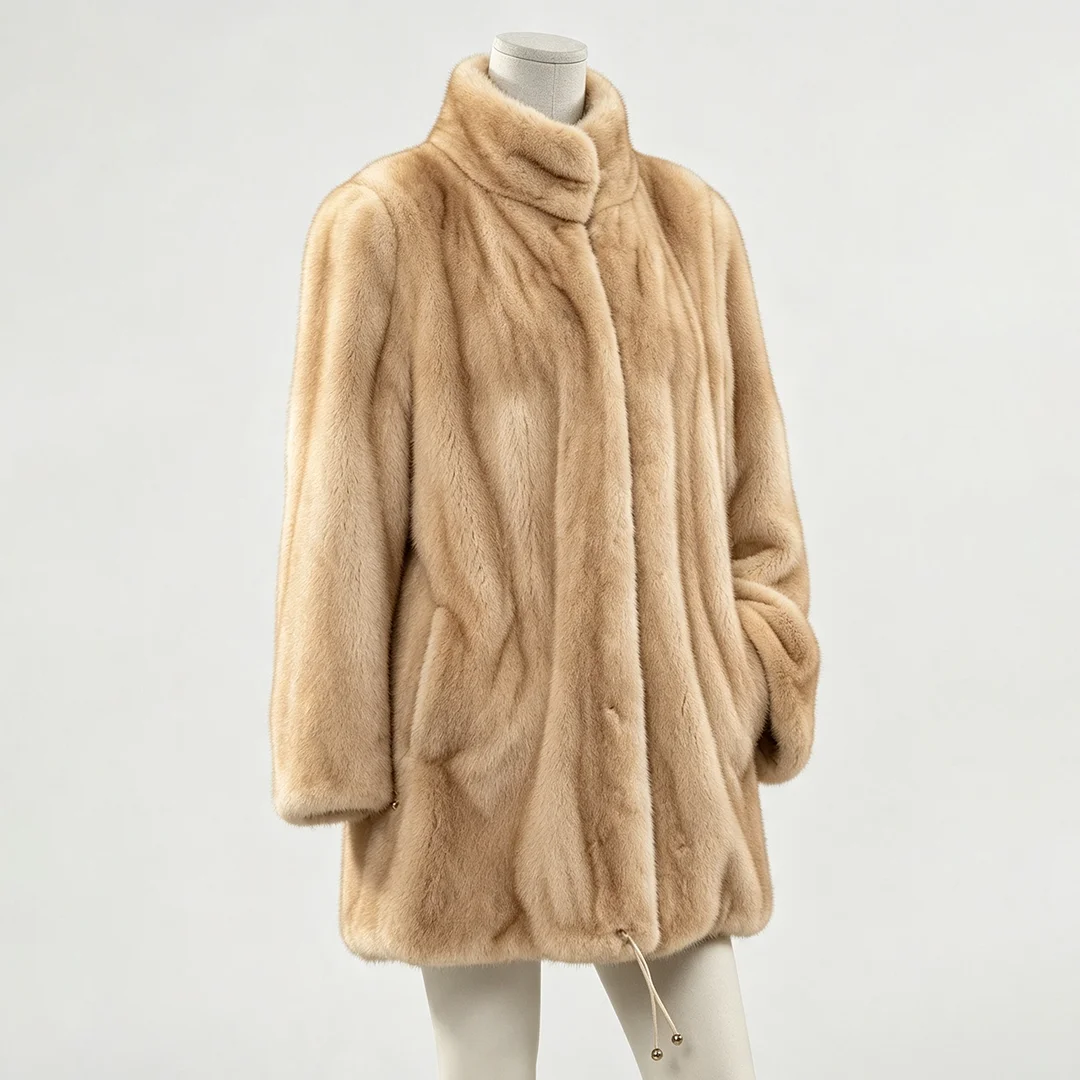 Women Faux Mink Fur Coat Stand Collar Loose Mid-length Jacket Drawstring Hem Warm Artificial Fur Outerwear Winter Fashion Ladies