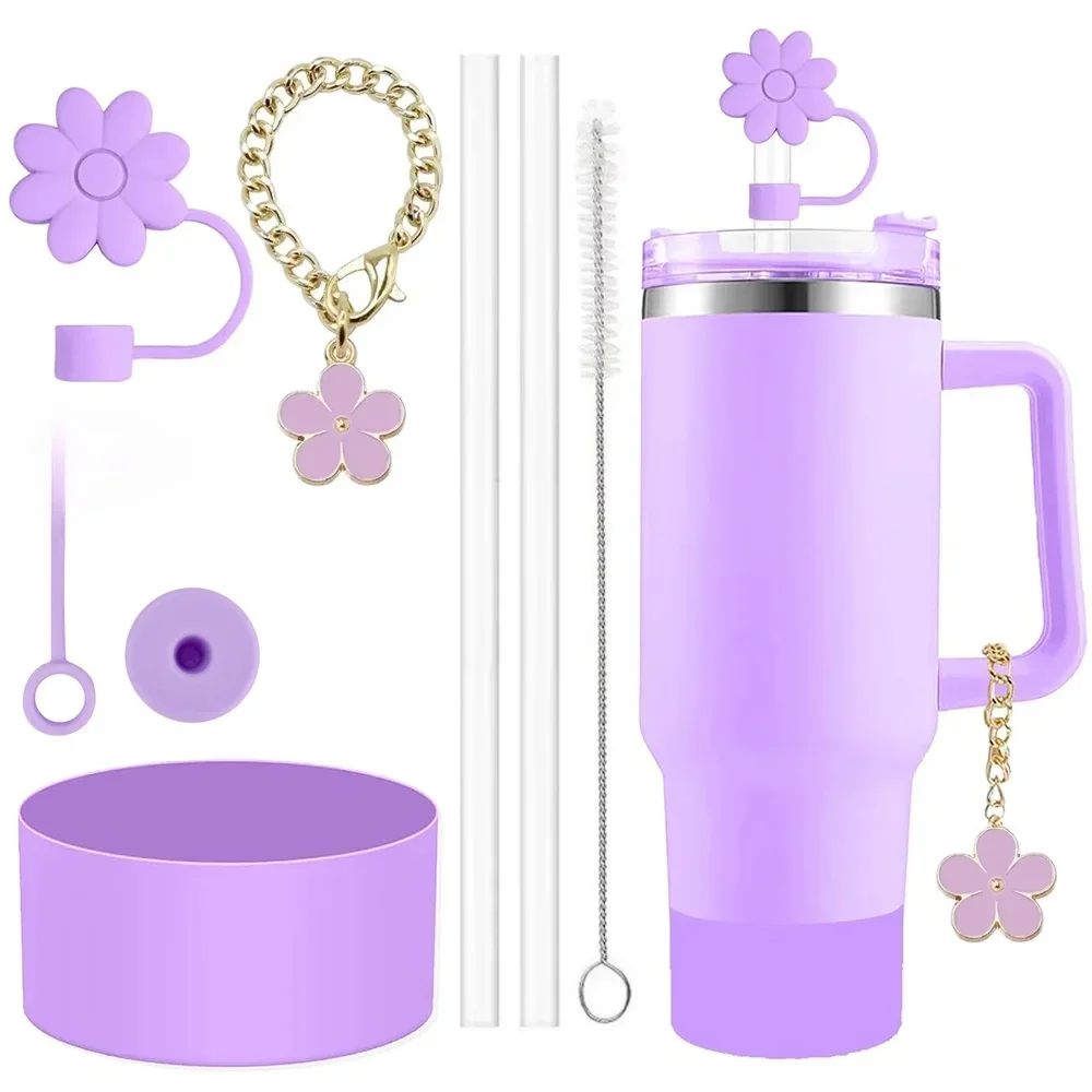 Ensemble d'accessoires pour Stanley Cup, 9 pièces, 2 pailles et brosse et 1 chaîne à breloques en forme de fleur, 3 bouchons anti-déversement, housse de paille pour bottes