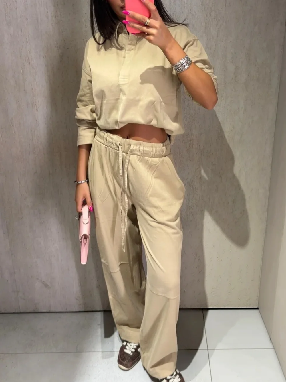 Womens Zipper Crop Jacket Two Piece Set Elastic Waist Long Pants Suit Chic Solid Utility Tracksuit Streetwear Matching Sets