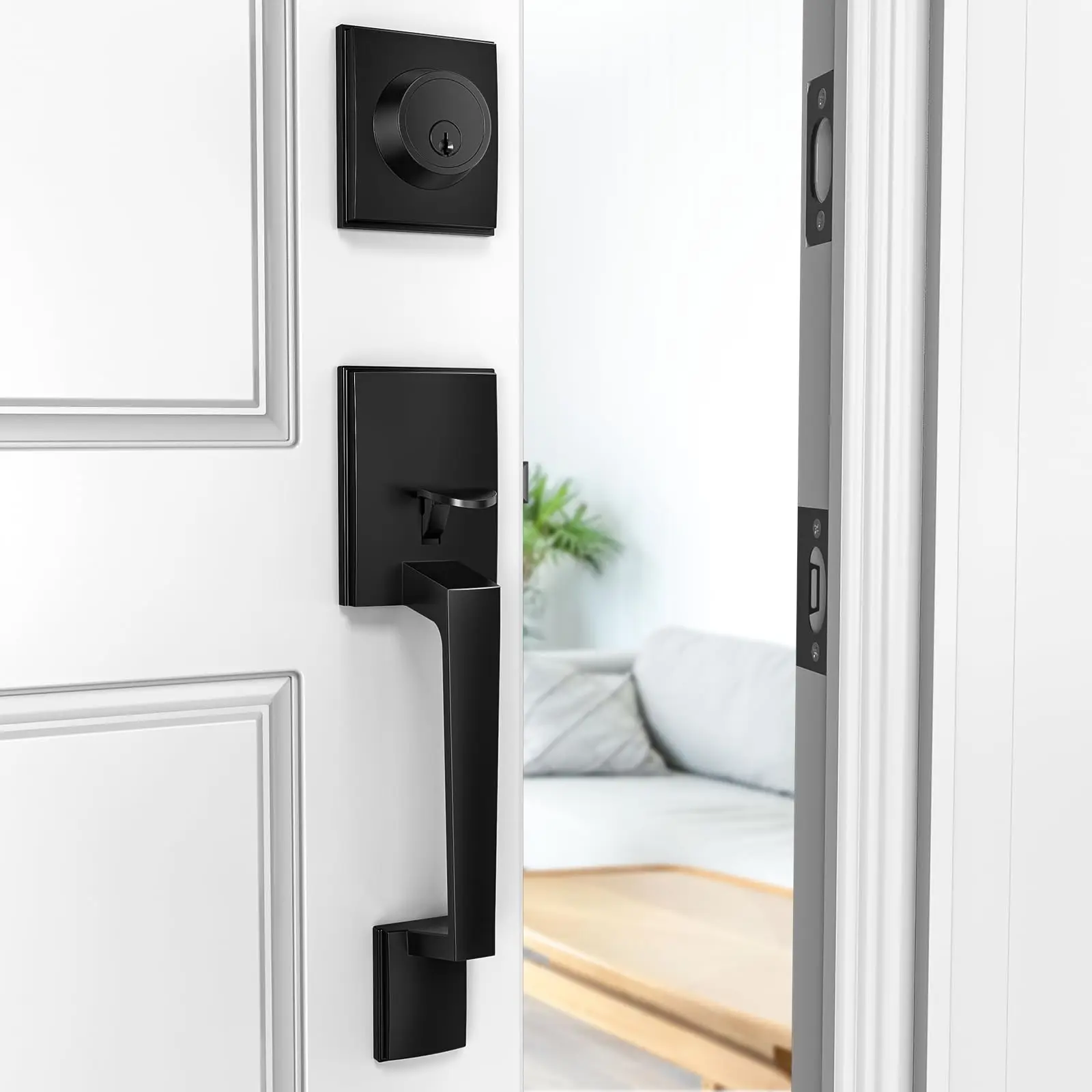 Brightify Black Front Door Handle, Modern Exterior Door Handle with Passage Lever, Front Entry Door Handle No Lock, Reversible f