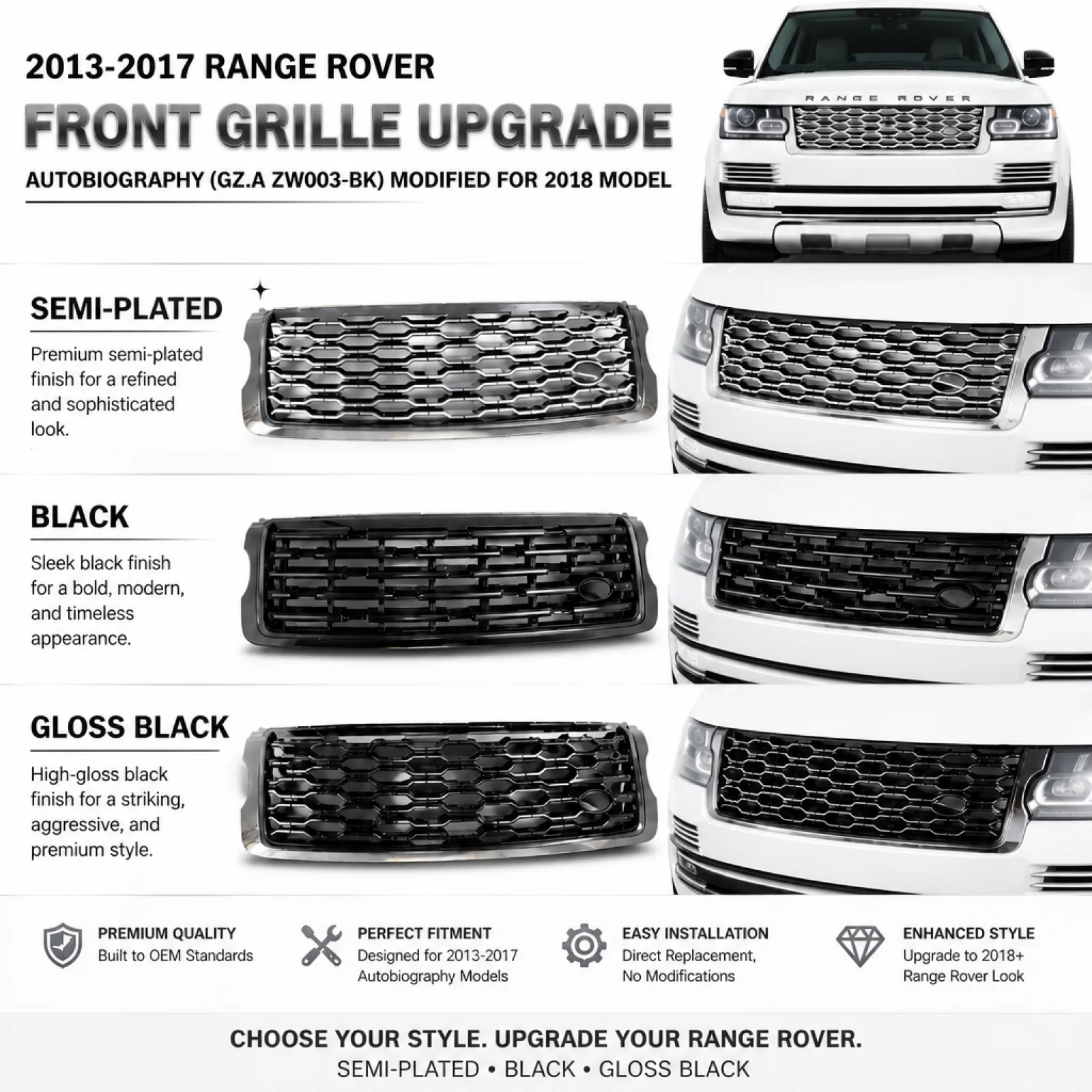 Grille Trim LR055880 Compatible Silver Sturdy Car Grille Protection Net Exterior Accessories for Range Rover 13-17 Vogue L405