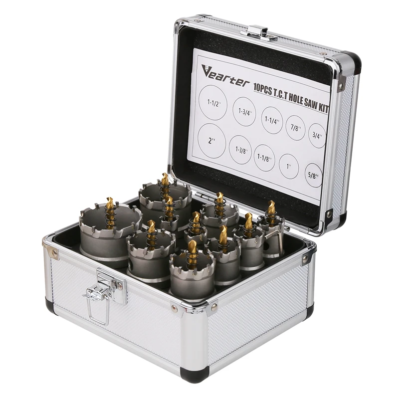 Vearter 5/8''-2'' Tungsten Carbide Tipped Hole Saw Set 10Pcs Drill Bit Kit For Stainless Steel Sheet Metal Cast Iron