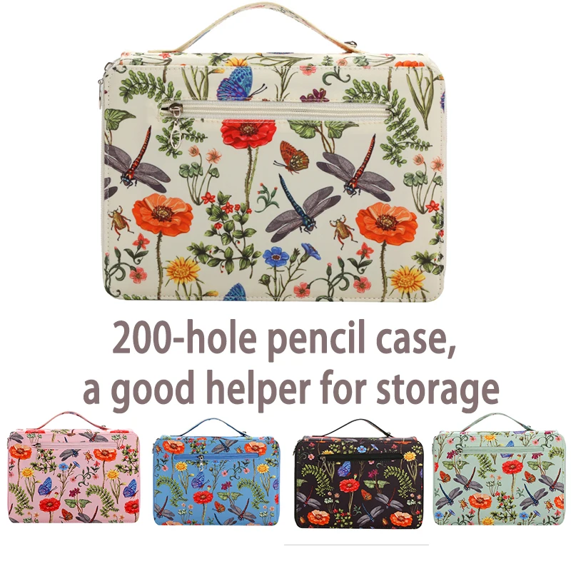 

Яркая стрекоза и цветочный пенал - дизайн с 200 отверстиями, прочная тканевая сумка для хранения, подходит для карандашей, маркеров, ножниц - портативная коробка для хранения офисных художественных принадлежностей, украшение в виде стрекозы, хранение худо