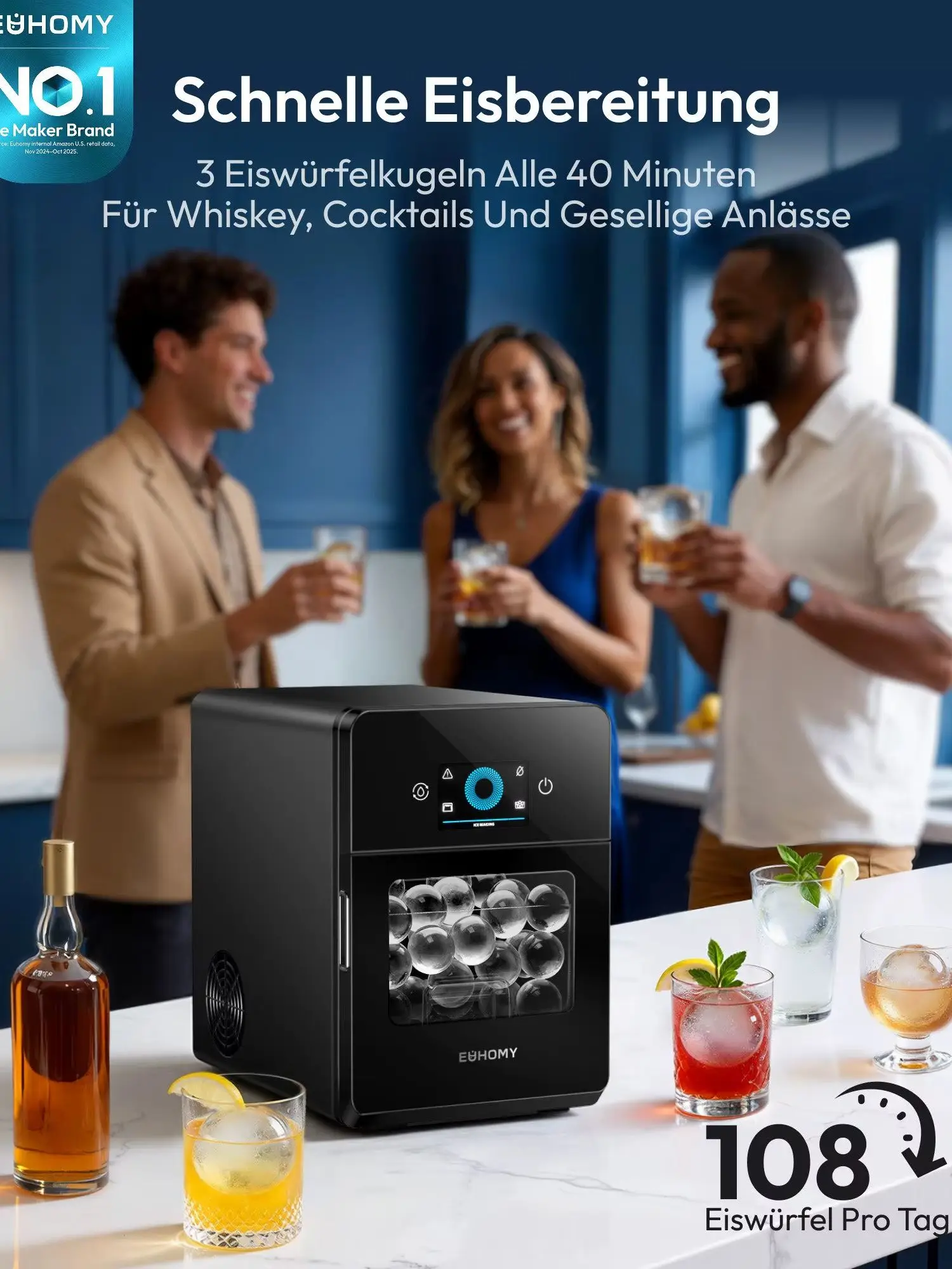 Kugelförmiger Eiswürfelmaschine, Eiswürfelbereiter für Große Eisbällen –108 Stück/Tag Selbstreinigende Eiskugelmaschine für kristallklares Eis – Runder Eiswürfelbereiter für Whiskey & Bourbon