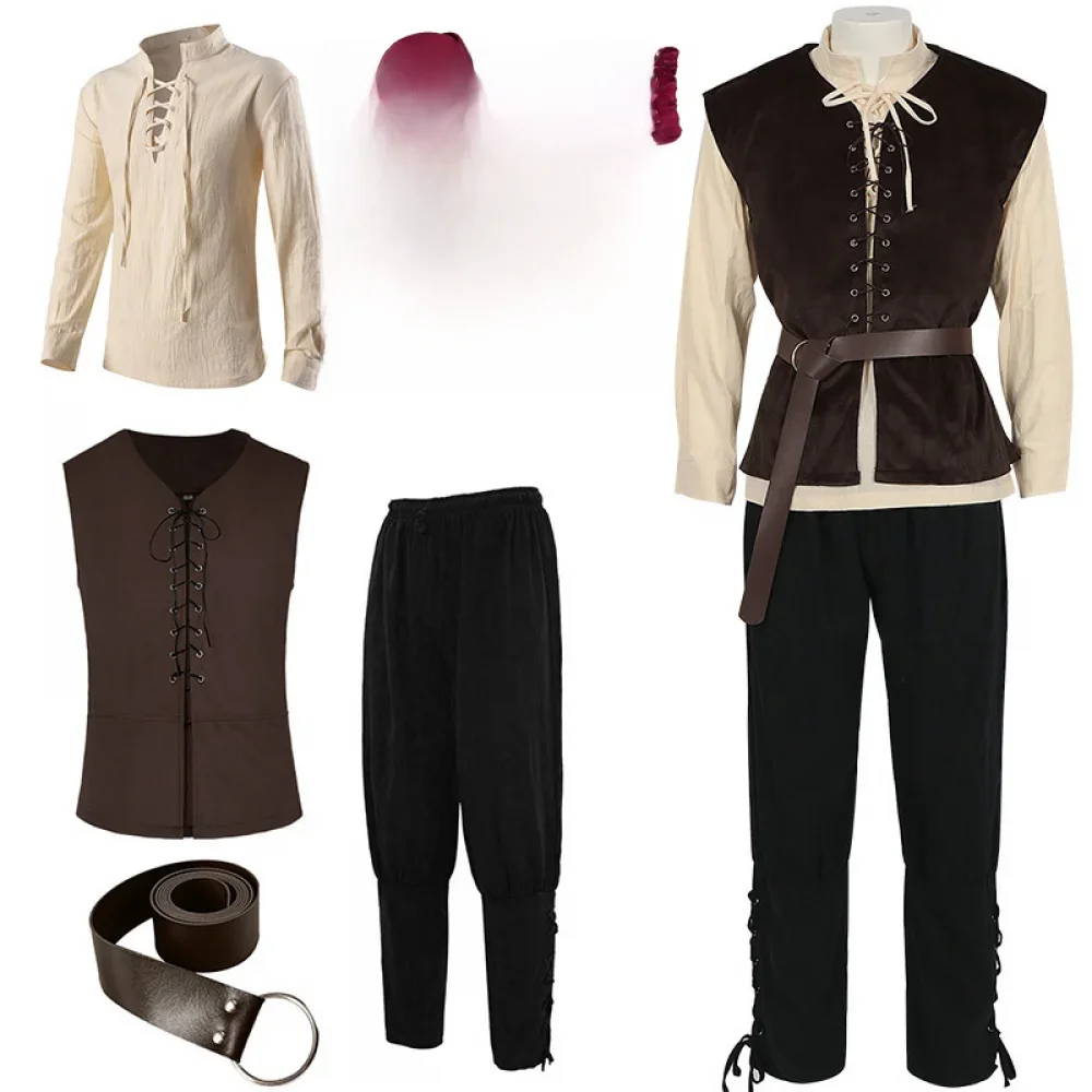 Ensemble de olympiques GlaViking pour hommes et femmes, pantalon à bandes, écharpe de sauna, ceinture, chemise Renaissance, médiévale, capitaine, Halloween, 7,5