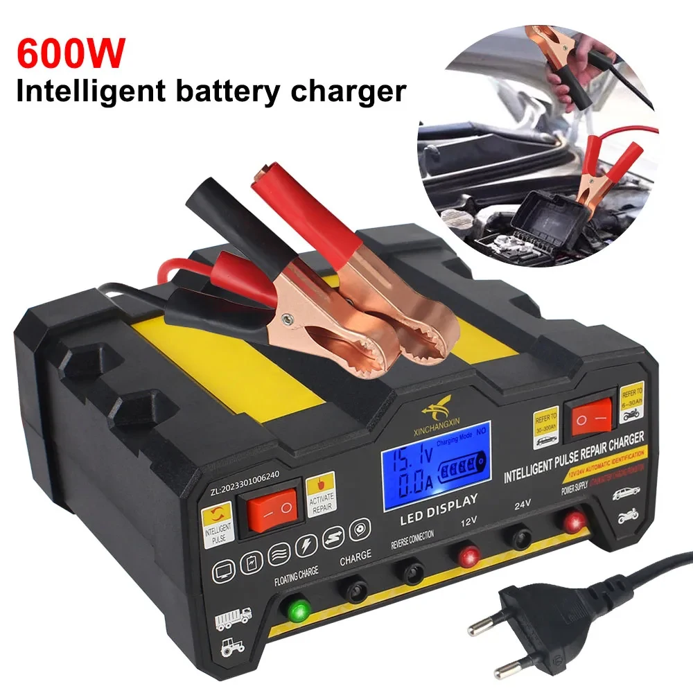 Caricabatterie intelligente con funzione di riparazione a impulsi, display LCD, completamente automatico per batterie al piombo, sia a secco che a umido, caricabatterie per auto 12V/24V, 300AH, 220W,