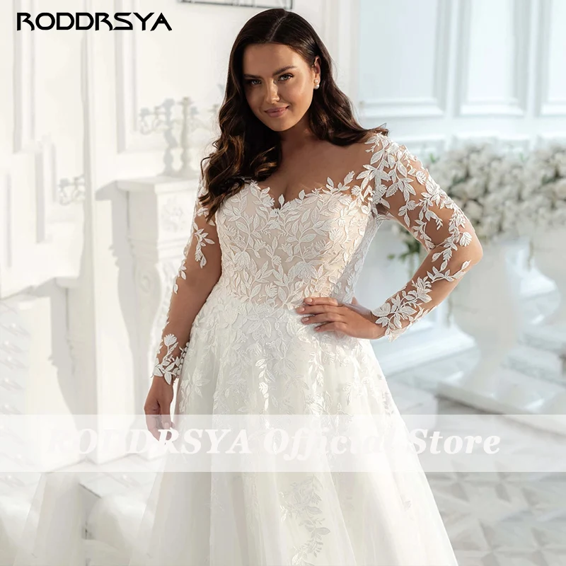 RODDRSYA Plus Size Wedding Dress Elegant Long Sleeves Lace Bride Dress 2023 Tulle Applique Sweep Train A-Line robe de mariée