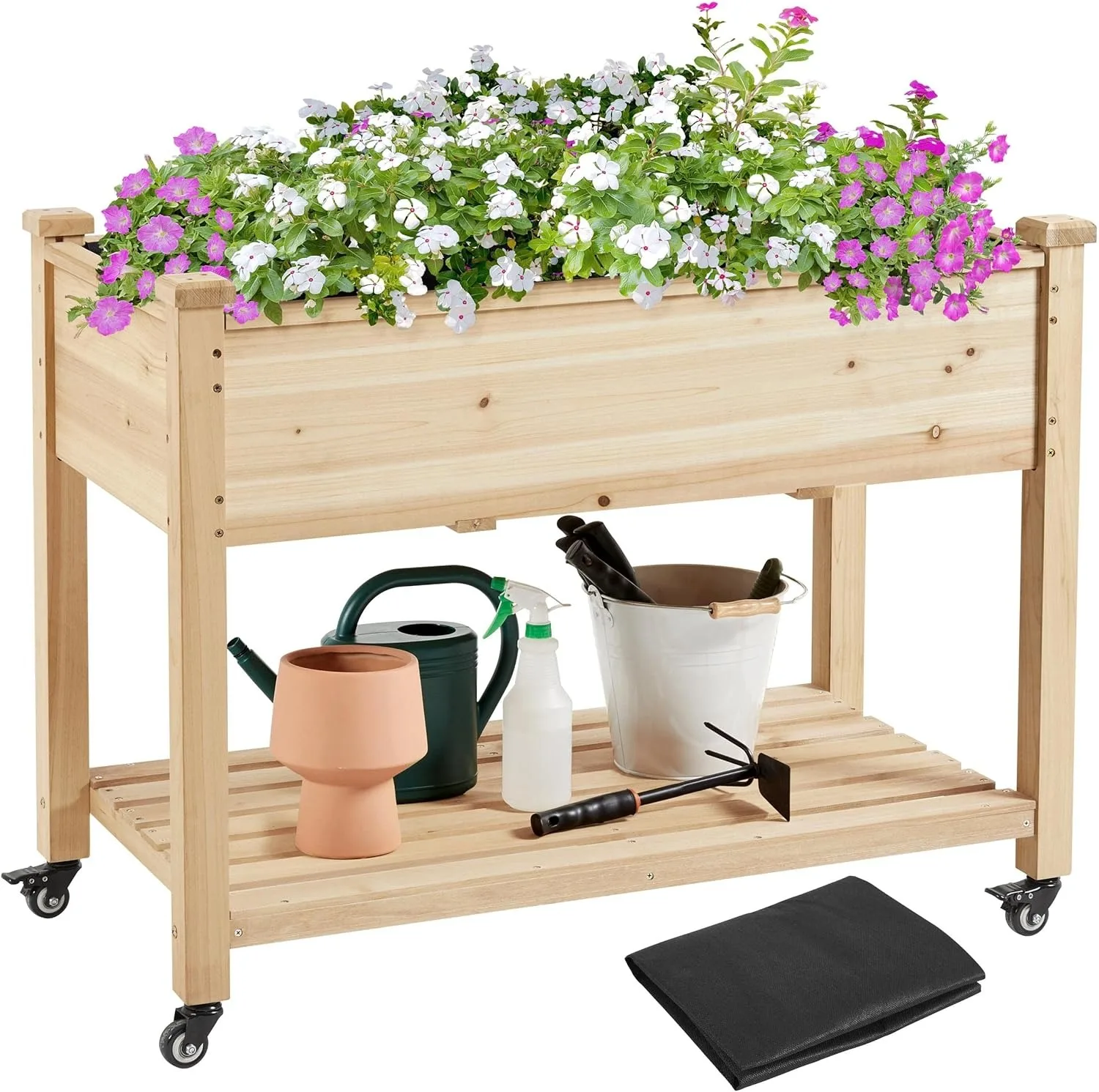 

Solid Wooden Raised Garden Bed Vegetable Elevated Planter Kit Grow Gardening Box with Legs Storage Shelf & Wheels, 42