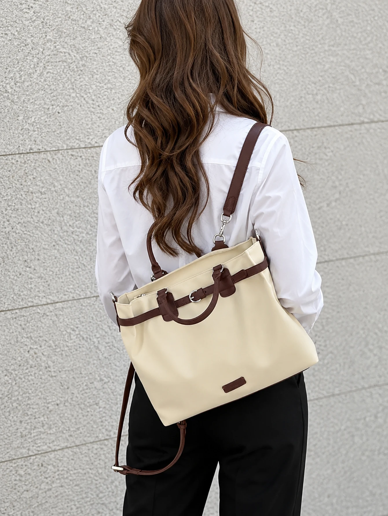 Beige Large Capacity Laptop Tote Backpack for Women School Work Commute Handbag Shoulder Crossbody Bag
