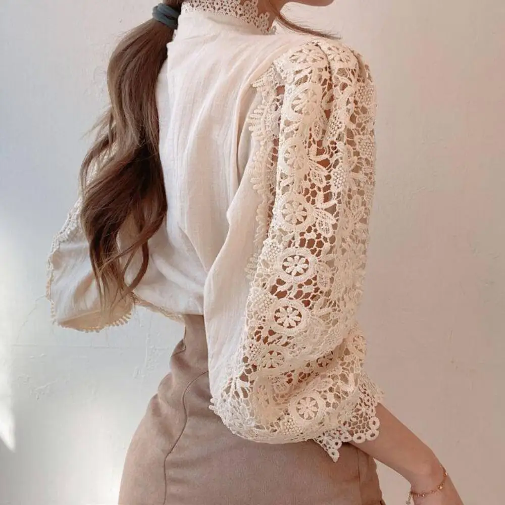 Women Vintage Lace Blouse Shirts Button Hollow Out Elegant Loose Tops Long Sleeve Autumn O-Neck Patchwork Shirt Female Clothing