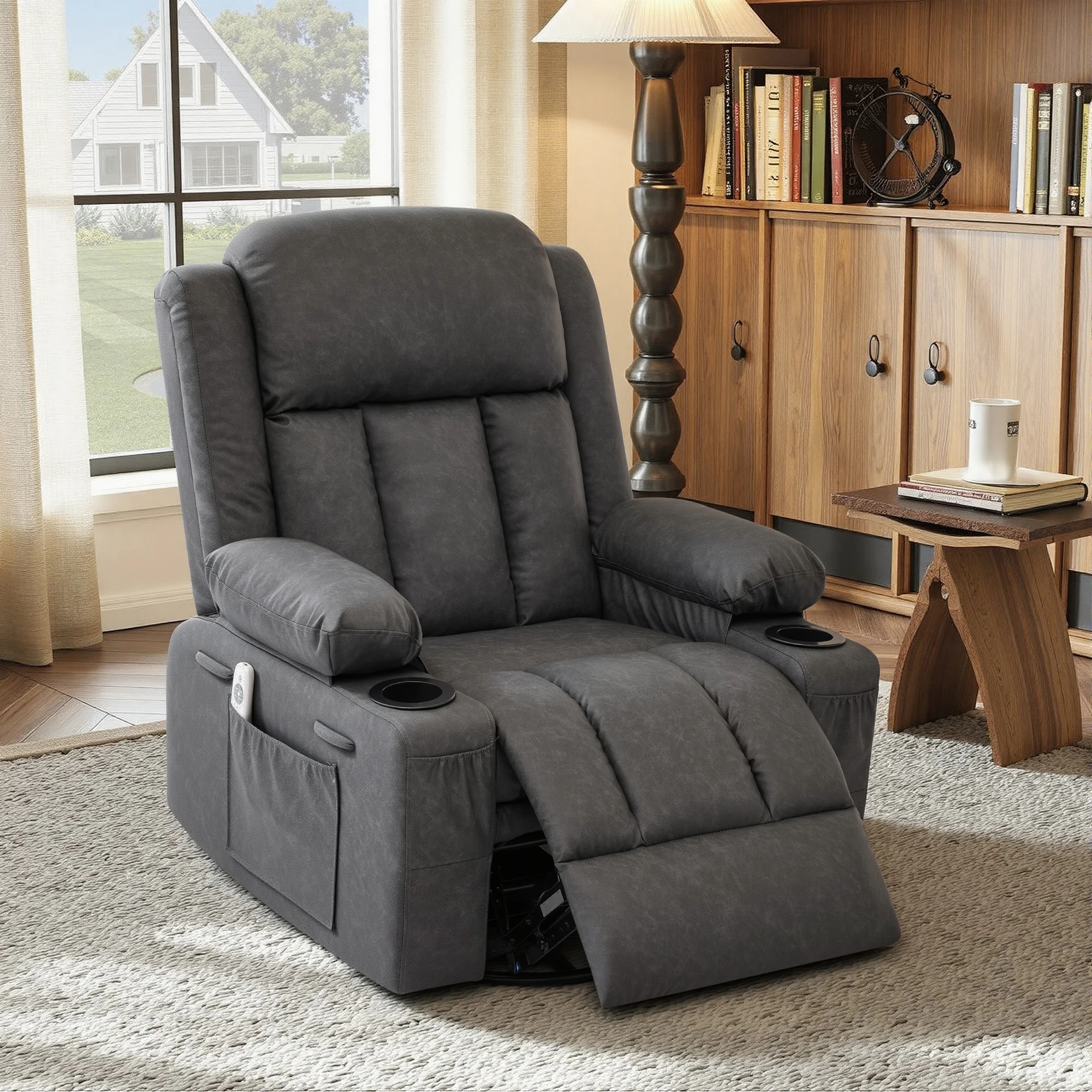 PU Leather Manual Recliner Chair, 360° Swivel Rocker Recliner with Vibration Massage Heating Function, Cup Holder Side Pockets for Living Room