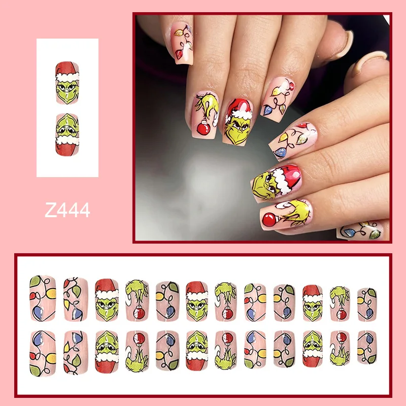 24Pcs Griinch Christmas Square False Nail Art Pieces Colored Design Fake Nails Holiday Wearable Press On Nails Winter for Girls