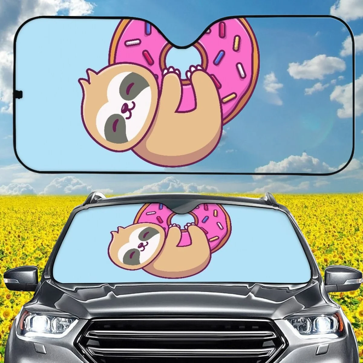 Cute Sloth Donut Pattern Fashion Design Car Shades for Front Windows Foldable Auto Universal Car Windshield Covers UV Protect