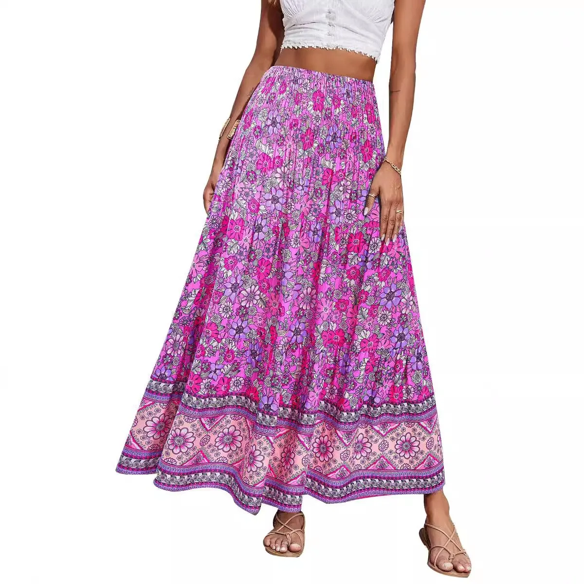 Printed a Line Skirt Mid Length Elegant Commuting with Summer Slight Stretch Women Skirts