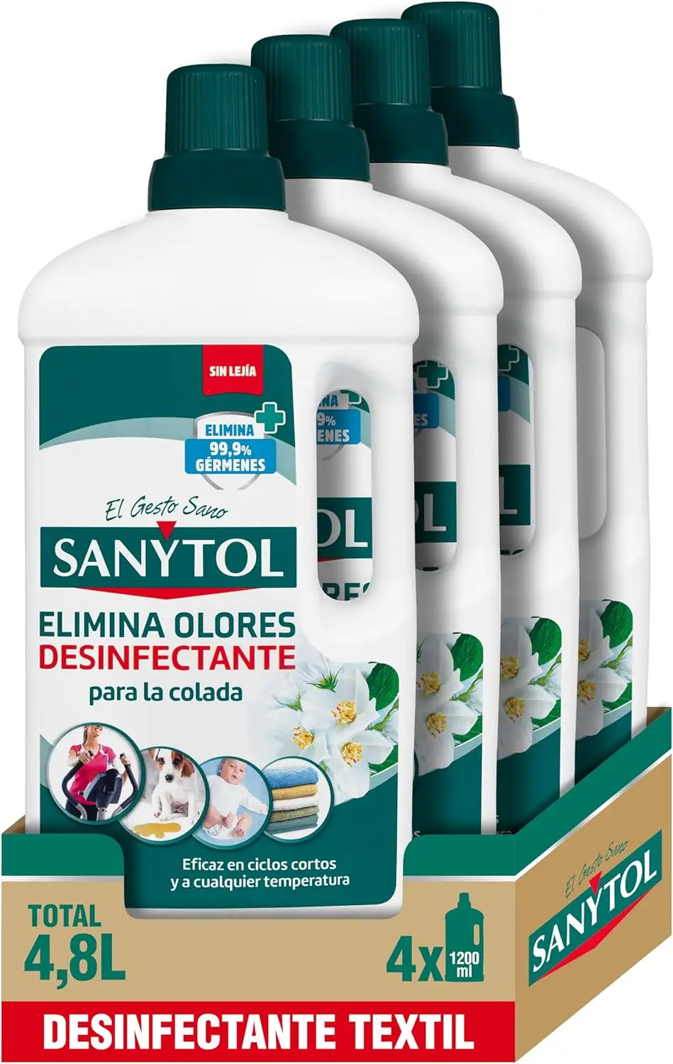 Sanytol – Desinfectante Textil, Elimina Gérmenes y Malos Olores de la Ropa Sin Lejía - Pack de 4 x 1200 ML = 4,8L