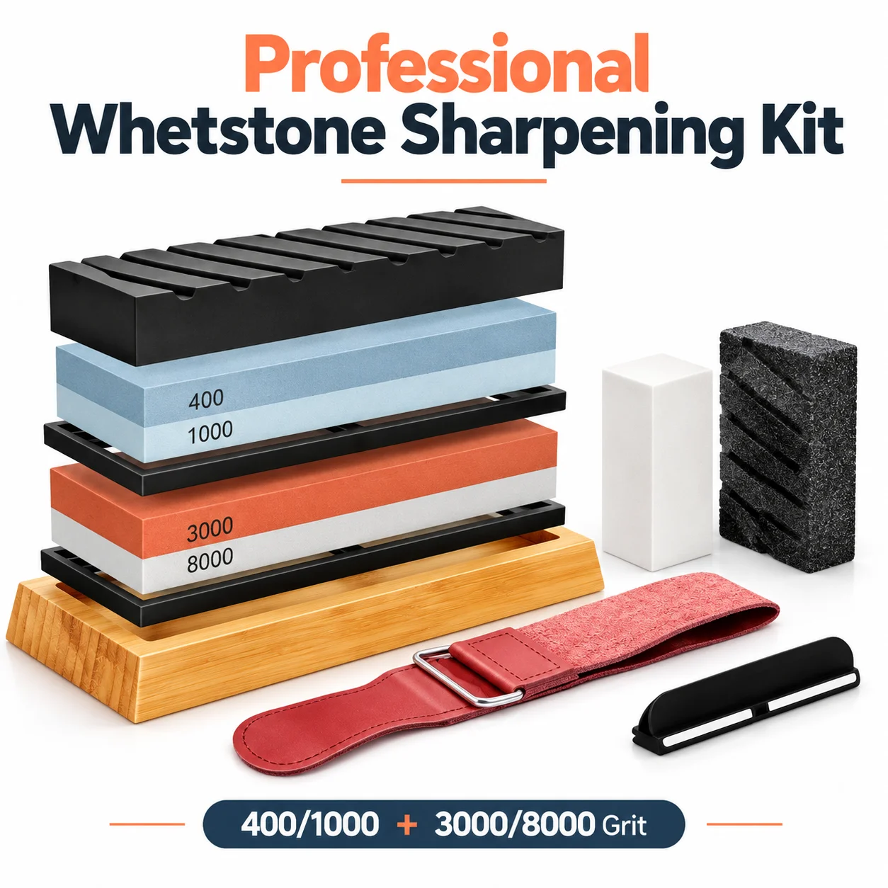 Professional Four Sided Whetstone Knife Sharpening Stone Set 400 1000 3000 8000 Grit with Non Slip Bamboo Base Angle Guide Leather Strop Flattening Stone for Kitchen Knives Chef Knives Blades Tools Home Use Durable
