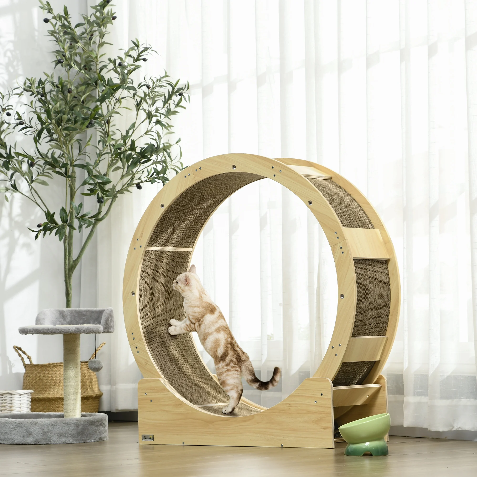Roue d'exercice pour chat en bois, tapis de course d'intérieur pour chat avec système de freinage, surface à gratter ondulée, jouet d'entraînement silencieux pour animaux de compagnie pour la gestion du poids, mobilier d'activité pour chat en bois naturel pour la maison, pour l'exercice quotidien des chatons