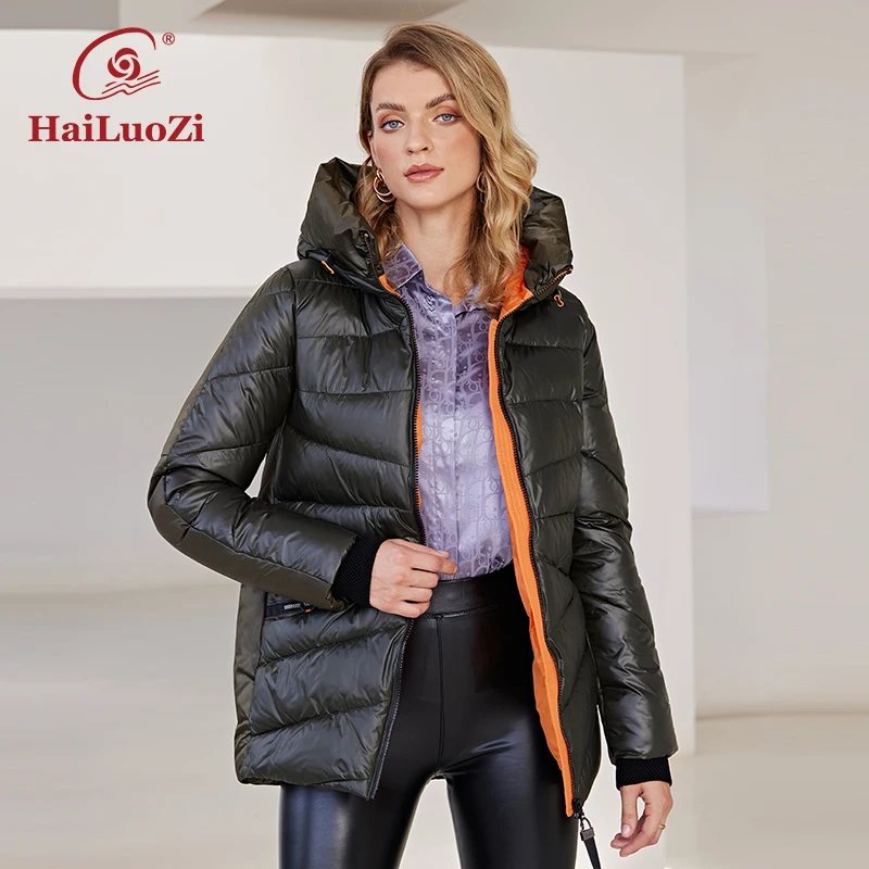 HaiLuoZi-Chaqueta cálida y gruesa para mujer, abrigo de cuello alto con capucha, con cremallera, a la moda, 2022