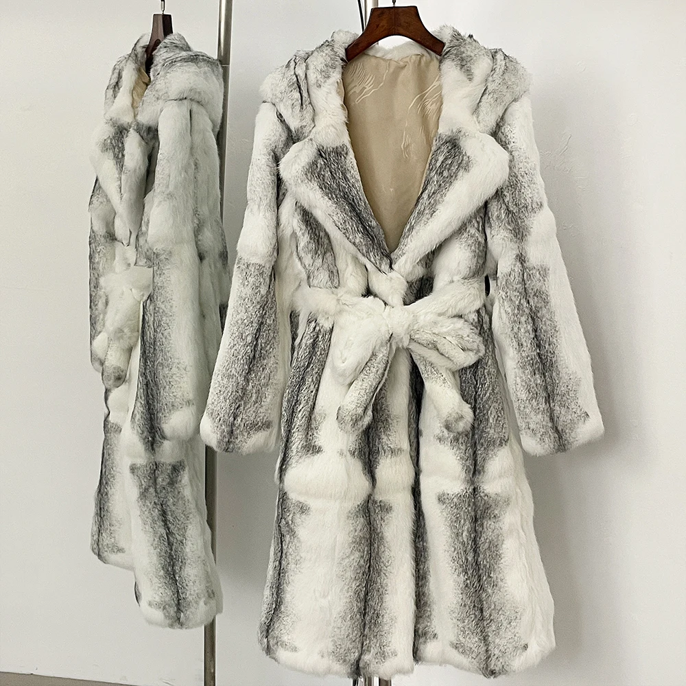 OFTBUY-abrigo de piel auténtica de zorro para mujer, abrigo de piel lujosa gruesa y cálida con capucha, abrigo de piel de conejo auténtica, abrigo largo de piel Natural 2024
