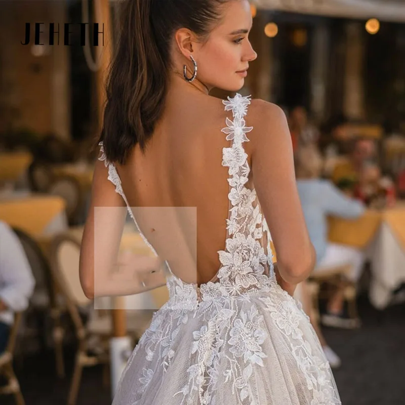 JEHETH Lace Boho Wedding Dresses For Dress Elegant A-Line Sleeveless 3D Appliqued Bride Gown Side Split Sexy Backless Dress