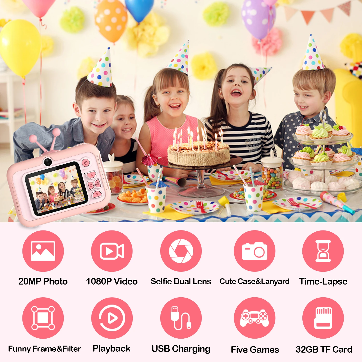 Appareil photo numérique pour enfants, jouets pour filles et garçons âgés de 3 à 12 ans, cadeaux d'anniversaire pour tout-petits, vidéo 1080