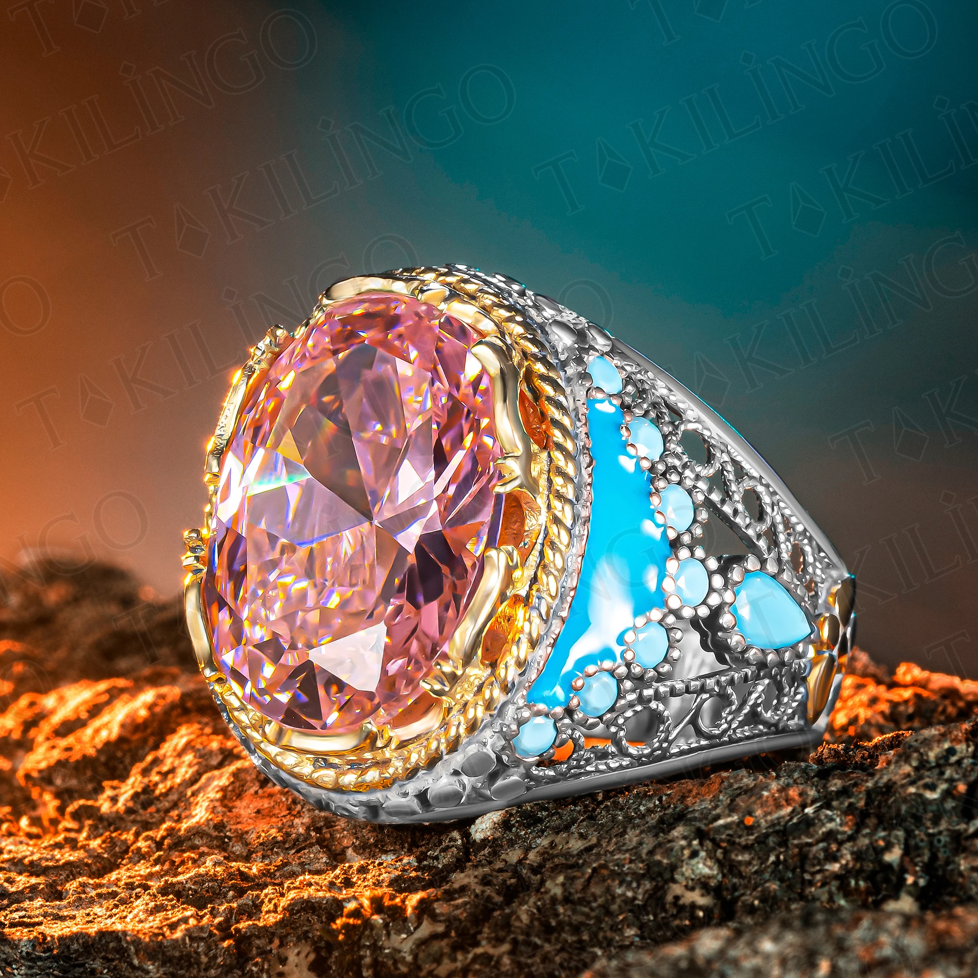 

Genuine Solid 925 Sterling Silver Oval Pink Zircon Stone Men's Ring Turquoise Gemstone Ring For Him