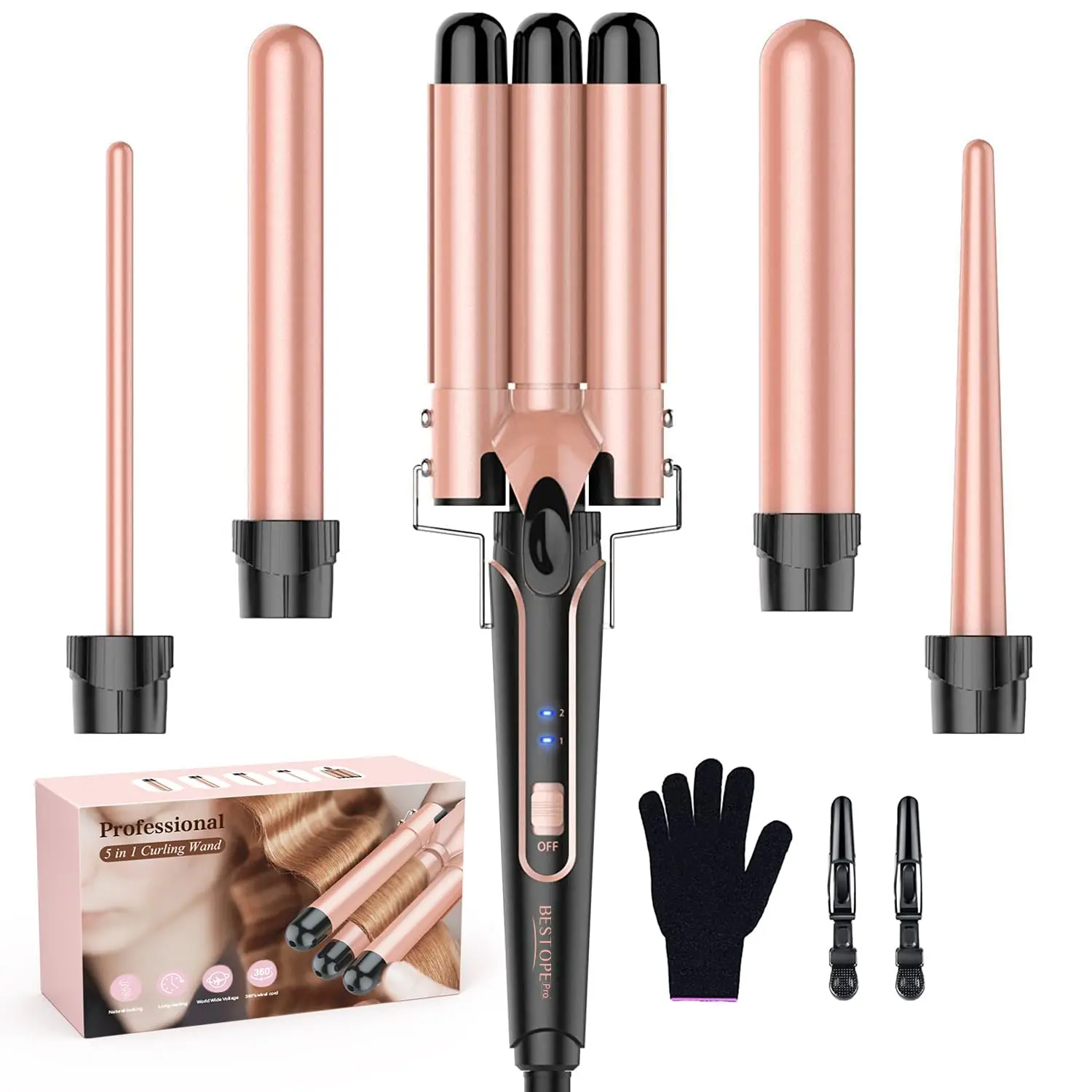 BESTOPE PRO Waver Curling Iron Wand,  5 in 1 Curling Wand Set with 3 Barrel Hair Crimper for Women, Fast Heating Hair Wand Curle