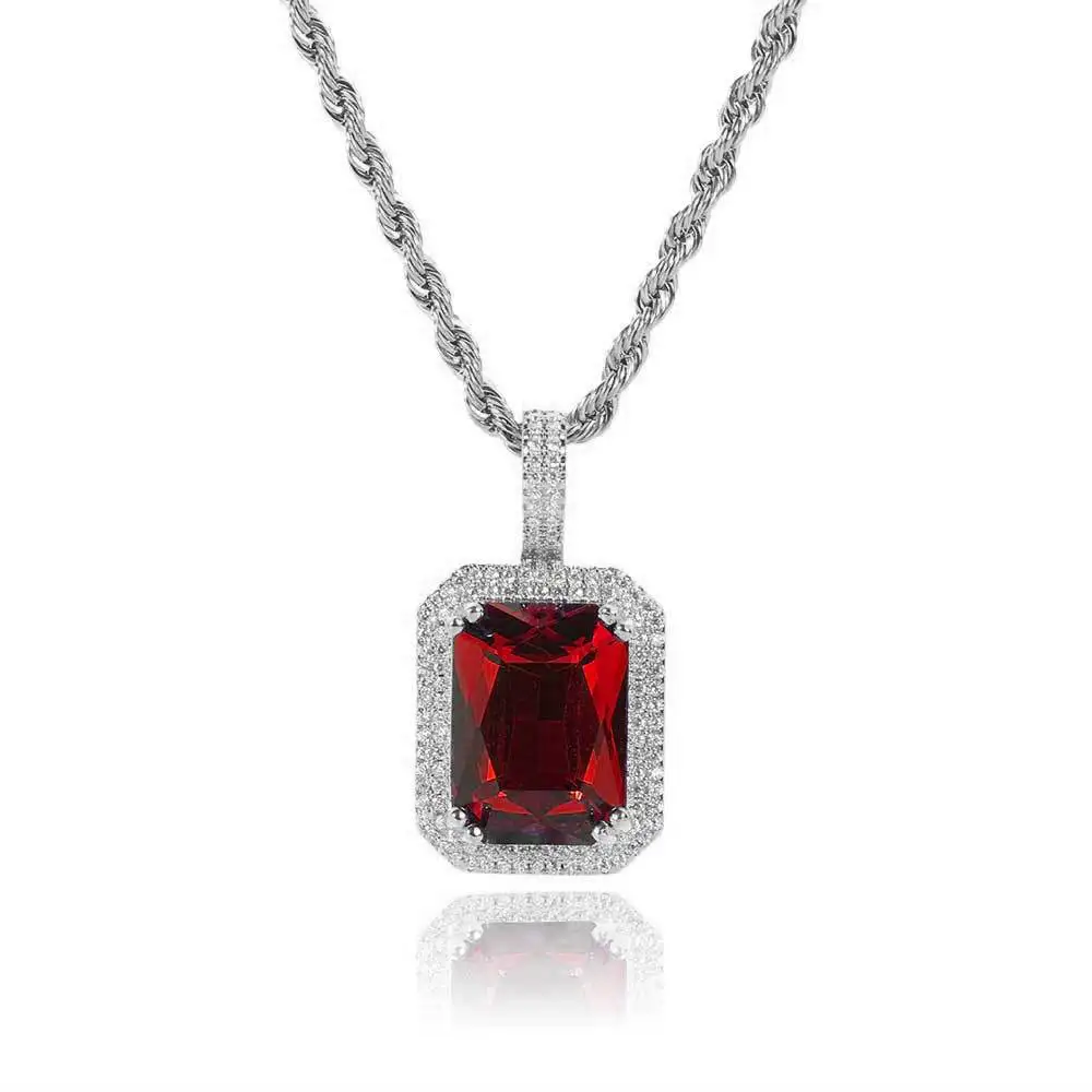 Filled Cubic Zirconia Necklace Green Square Pendant Black Gemstone Red Pink Stone Birthstone Punk Jewelry Hip Hop 2024