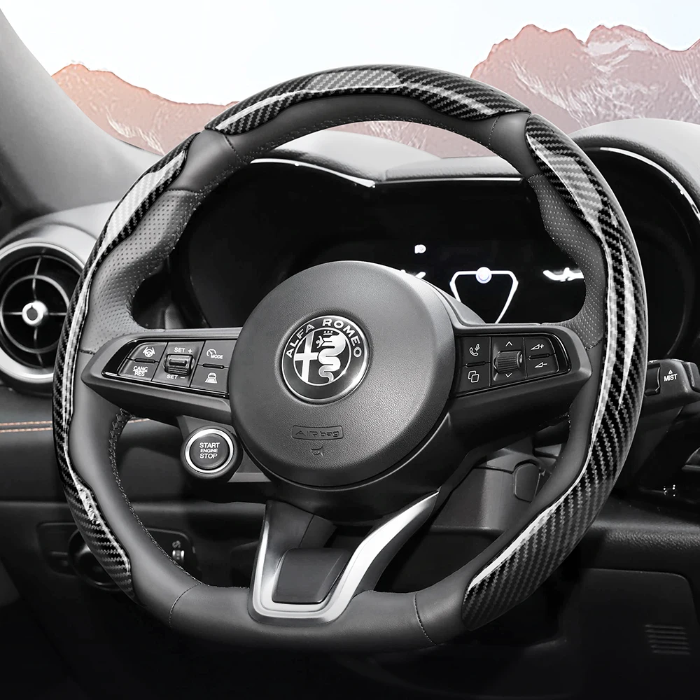 Odpowiedni do Alfa Romeo Sportowy, błyszczący pokrowiec na kierownicę z teksturą włókna węglowego, mocowany na zatrzask, do Giulia 952, Stelvio 949, 147, Mito, Giulietta, Tonale 965, Sprint 159,