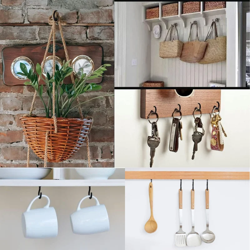 خطافات لولبية مطلية بالفينيل ، خطافات جدارية متعددة الوظائف للنباتات ، سلال ، مرآب ، في الداخل والخارج ، أسود ، 1-"، 10