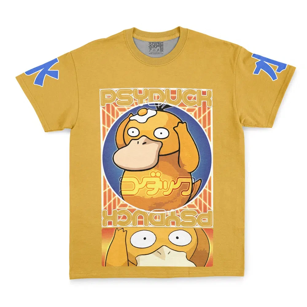 Men's Loose Oversized T-Shirt, Pokemon Psyduck Retro Poster Print Yellow Cotton Short Sleeve Anime Streetwear Top - view 3