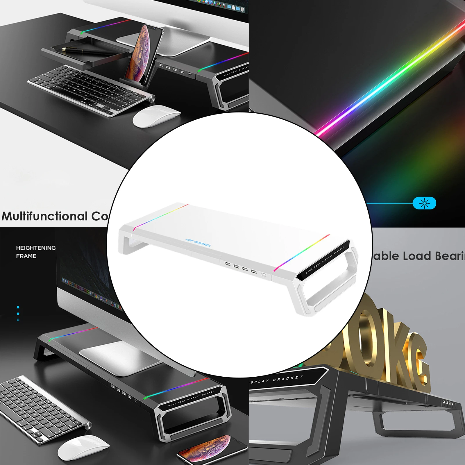 متعددة الوظائف قابلة للطي مضيئة شاشة كمبيوتر مكتبي حامل RGB 4 USB توسيع لعبة وحدة التحكم عرض الكمبيوتر حامل سطح المكتب #5