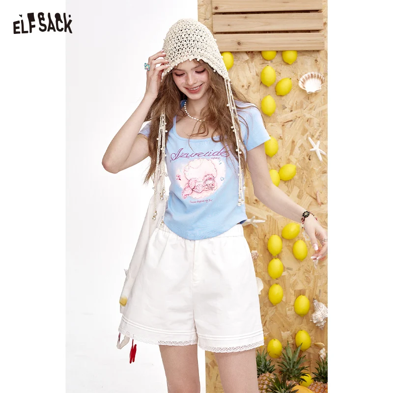 ELFSACK 2025 Summer New Arrivals Lace Patchwork White Casual Shorts For Women