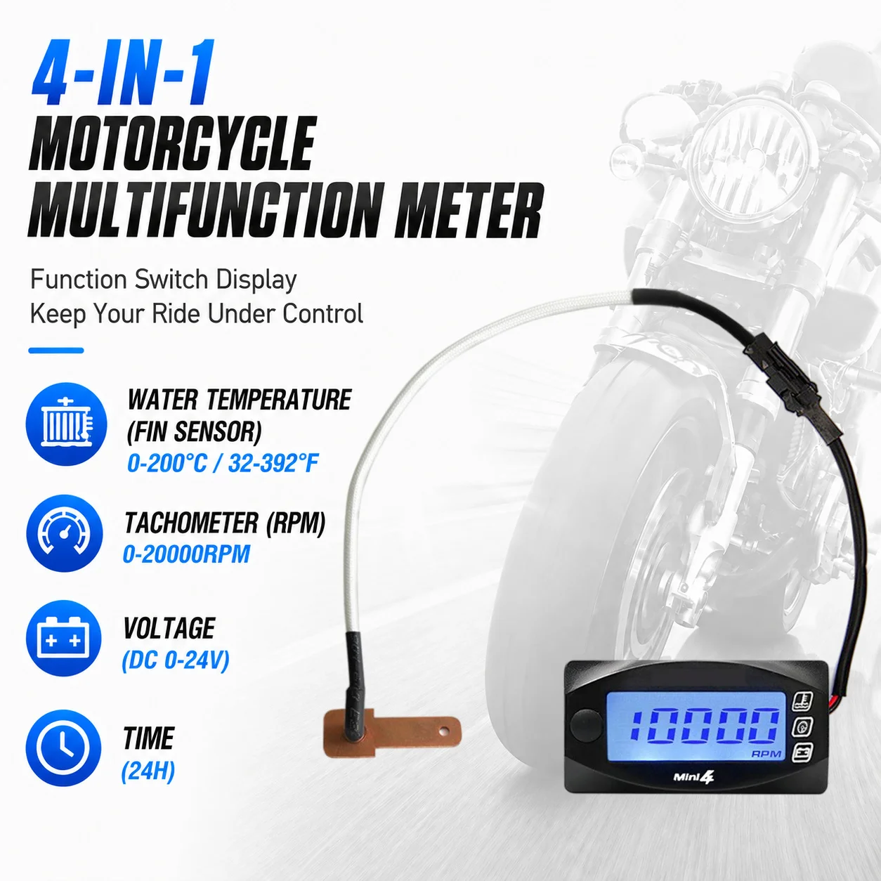 Universal Motorcycle Water Temperature RPM Voltage Time Gauge 4 in 1 Mini Digital Meter for NMAX XMAX250 XMAX300