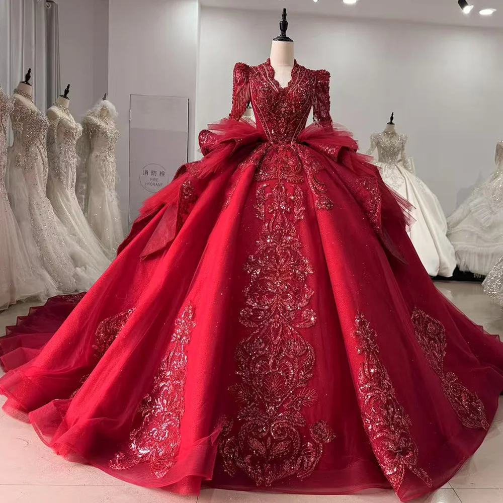 Lace Evening Dresses Luxury 2026 Long Sleeve Crystal Beaded Keyhole Back Red Long Dresses For Special Occasions