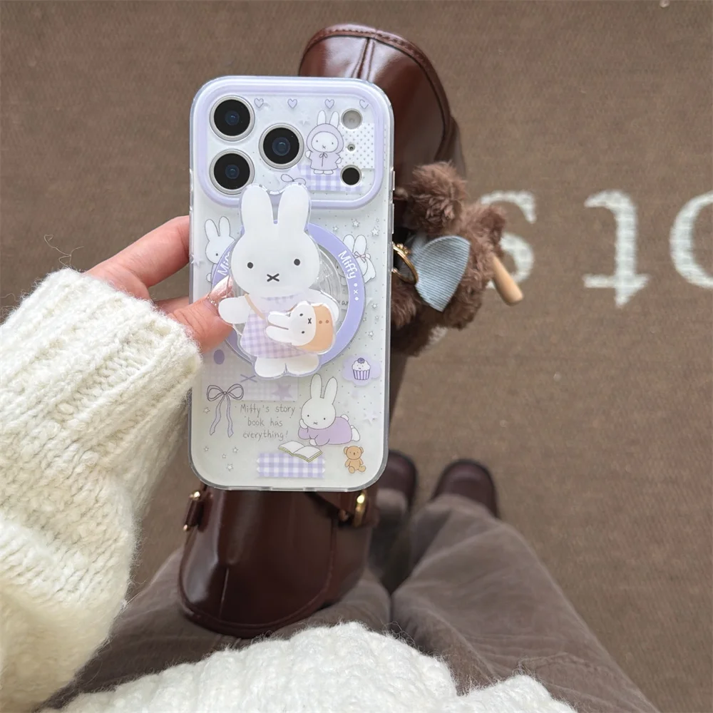 Nowe koreańskie etui na telefon z uroczym króliczkiem i magnetycznym uchwytem, kompatybilne z iPhone 17 Promax 14, 15, 16 13Pro Max Prote — zdjęcie produktu 2