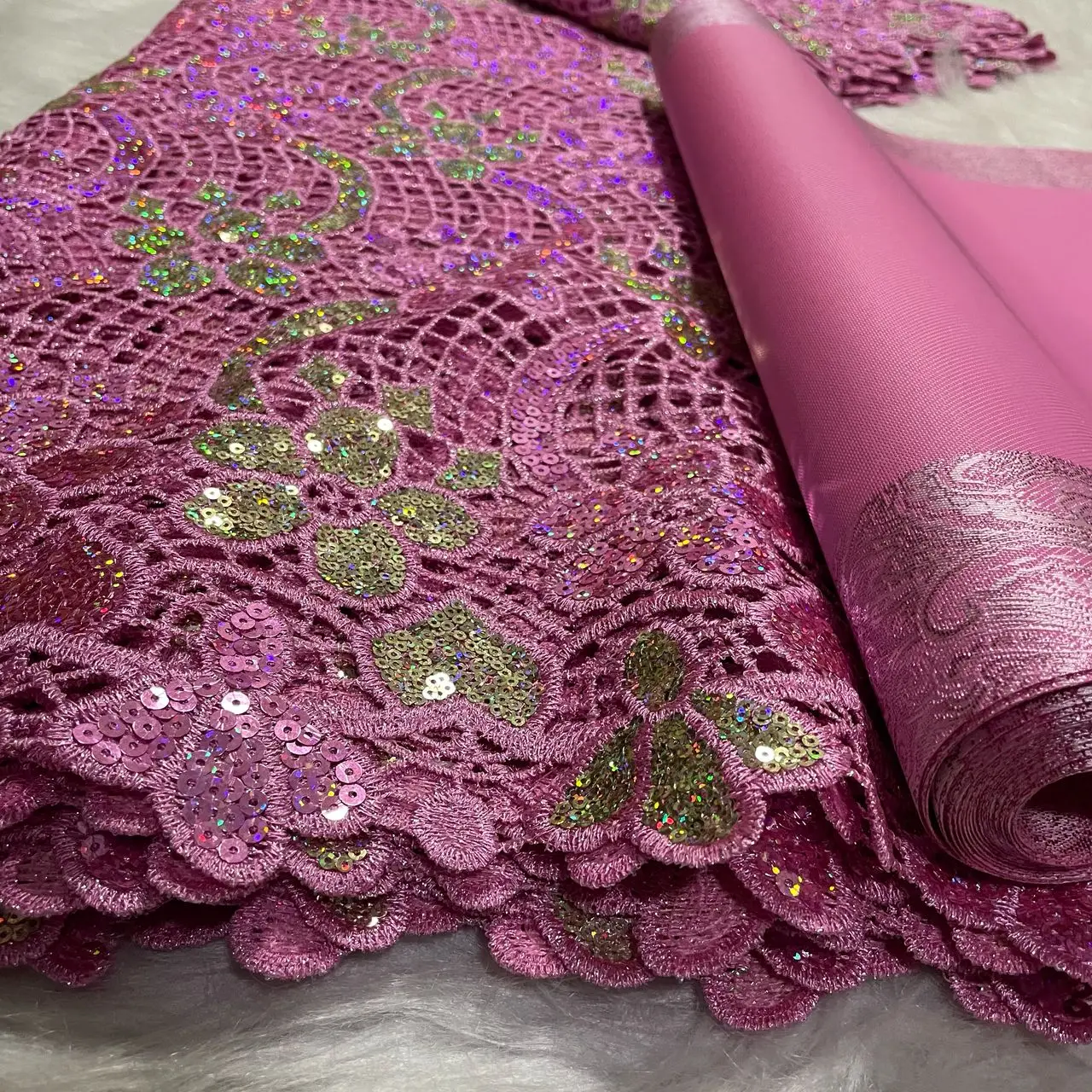 Luxury Nigerian Sequins Pink Lace Fabric High Quality African Guipure French Lace Material 5Yards With 3D Sego Headtie Wrap 2PCS