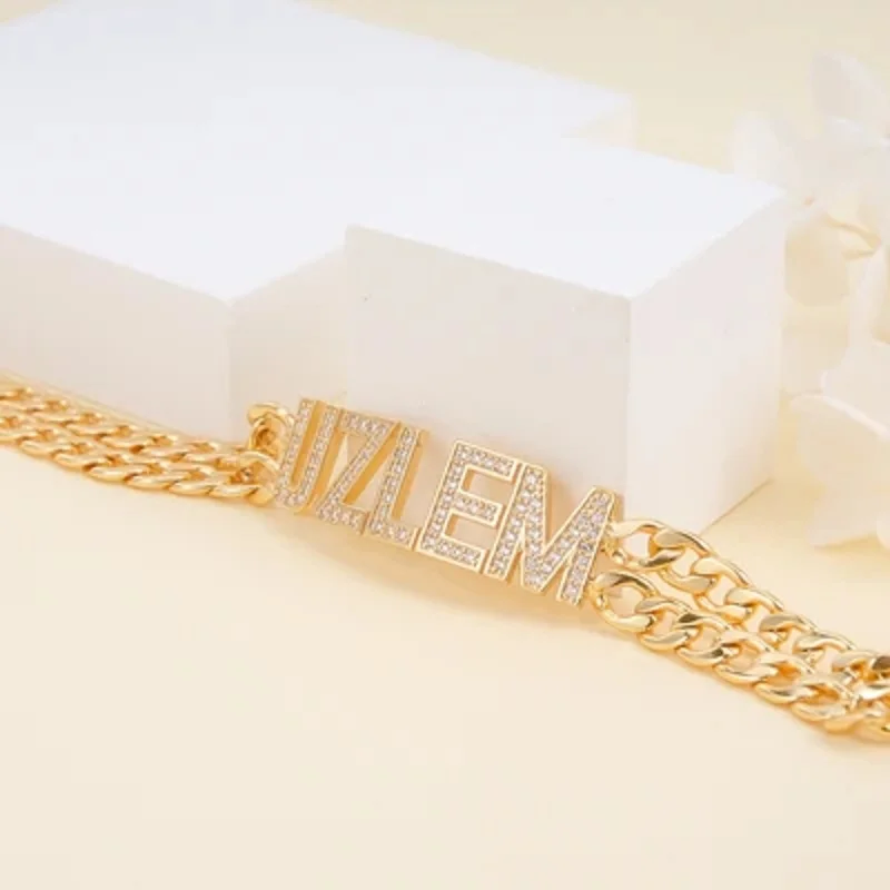 Custom Name Bracelet With Rhinestones Double Chain Gold Plated Chocker Personalized Crystal Letter Bangles Jewelry For Women