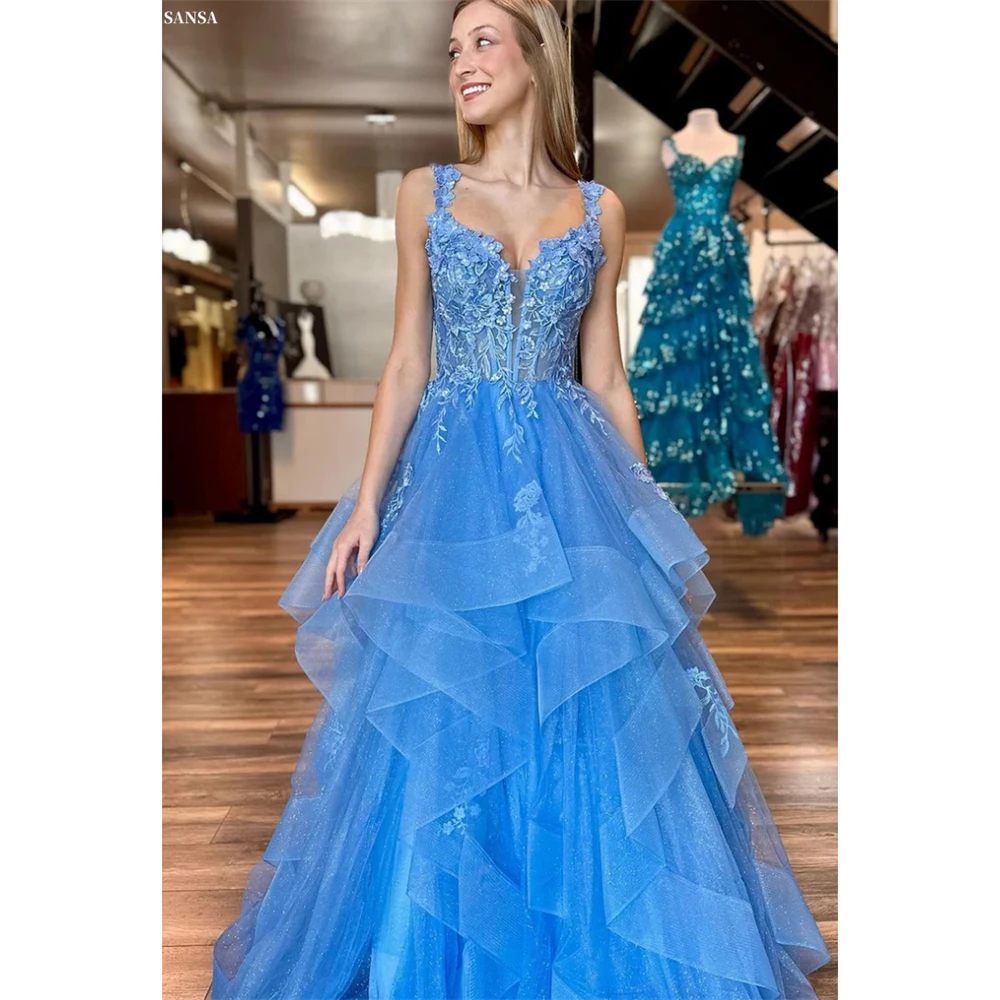 فستان Sansa مخصص باللون الأزرق على شكل حرف a متعدد الطبقات مطرز للحفلات الراقصة بأشرطة مزهّرة من Vestidos De Noche بطول الأرض للسهرات الرسمية #1