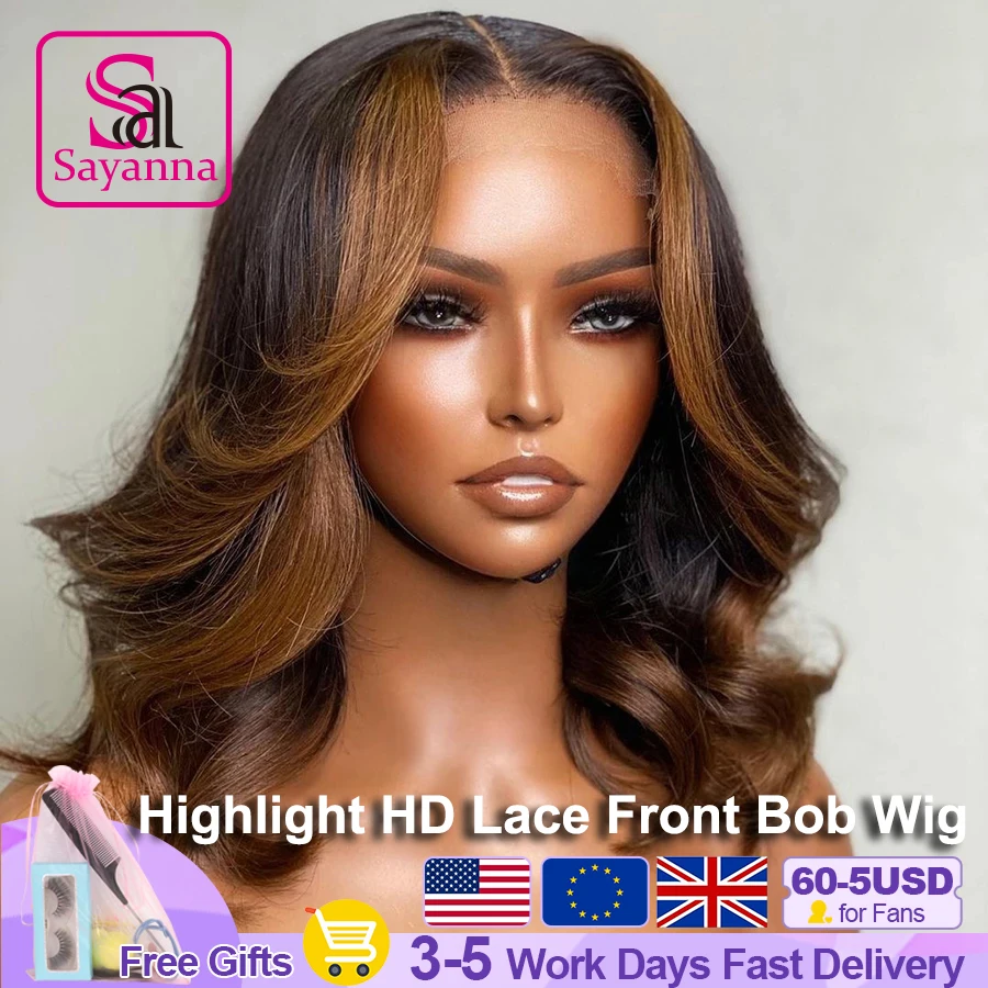 

Парик Hightlight 180% HD BOB 13x 4, парики из человеческих волос на сетке спереди, медовая блондинка, предварительно выщипанные, расплавленные шкуры, волнистый парик на сетке HD для женщин