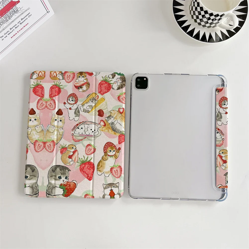Custodia carina con fragola e gatto adatta per Apple iPad Pro 2024 11 pollici, 2025 Air 5/4 10,9 pollici, iPad 10 9,7 pollici, 10,2 pollici e o