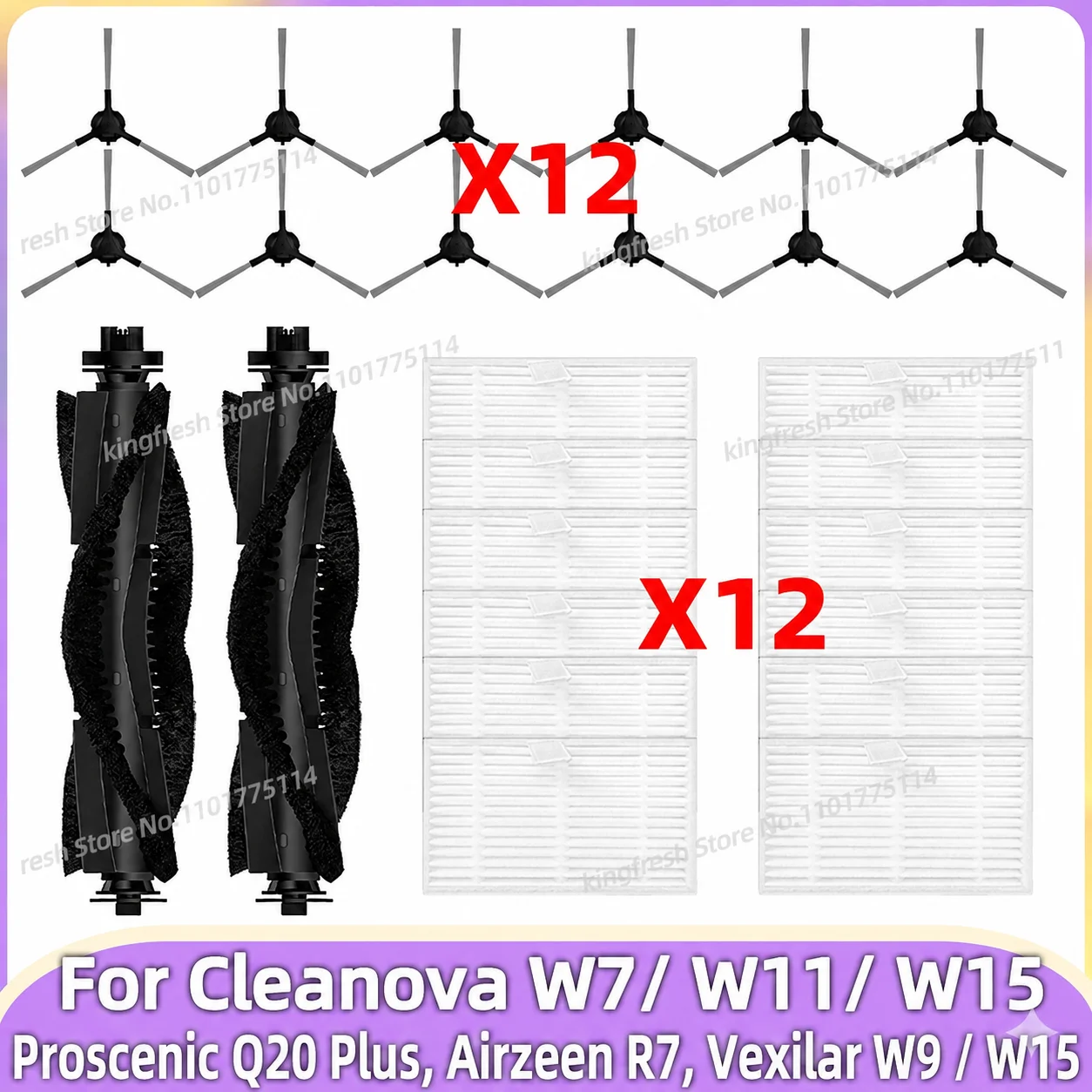 Compatible avec ( Cleanova W7 / W11 / W15, Vexilar W9 / W15, Airzeen R7, Proscenic Q20 Plus ) Pièces pour aspirateur Brosse principale Brosse latérale Filtre Sac à poussière