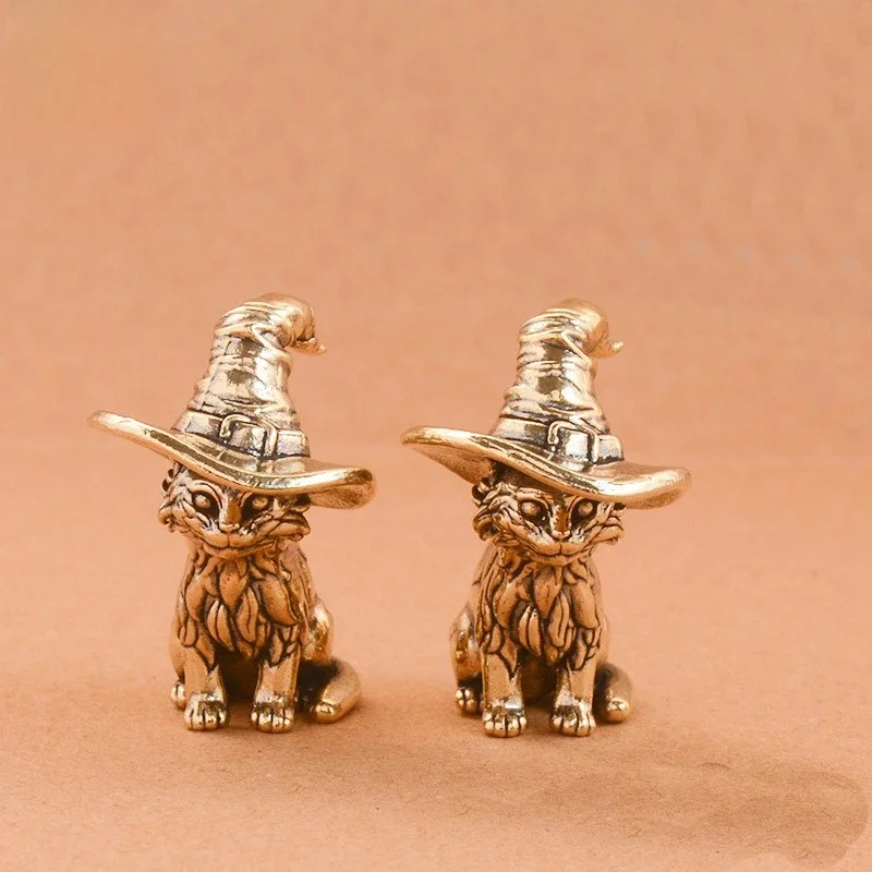 Petite Statue de chat de sorcier mignon, petite Statue créative en laiton massif, Animal enfant, chaton, Figurine Miniature, ornements rétro, décorations pour la maison